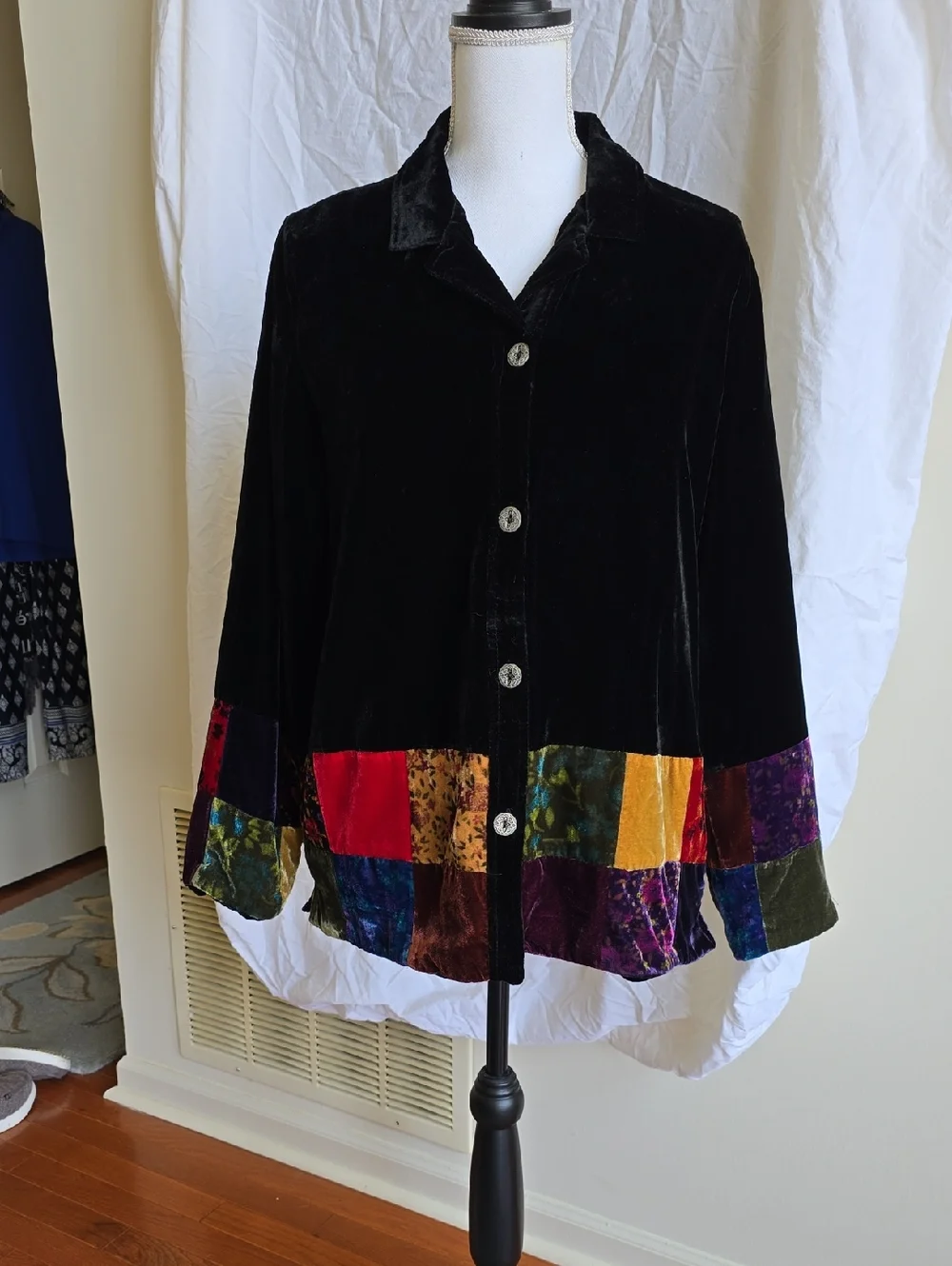 Velvet Patchwork Button-Front Women’s Top - Black Multi - Picture 1 of 5